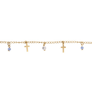 Bracelet en plaqué or pampilles croix et perles blanche et bleu 16+3cm