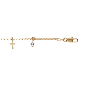 Bracelet en plaqué or pampilles croix et perles blanche et transparente 16+3cm
