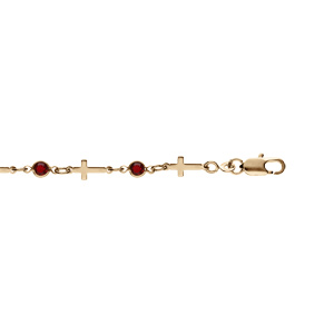 Bracelet en plaqué or maillons forme de croix et oxydes rouge 16+3cm