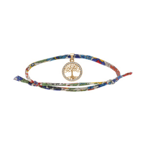 Bracelet liberty tissu fleuri une pampille arbre de vie plaqué or avec oxydes blancs sertis, réglable