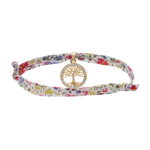 Bracelet liberty tissu fleuri rose une pampille arbre de vie plaqué or avec oxydes blancs sertis, réglable
