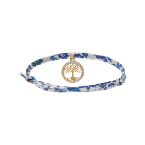Bracelet liberty tissu fleuri bleu une pampille arbre de vie plaqué or avec oxydes blancs sertis, réglable
