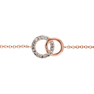 Bracelet en plaqué or rose chaîne avec 2 petits anneaux emmaillés,1 lisse et l’autre orné d’oxydes blancs sertis – longueur 16cm + 2cm de rallonge