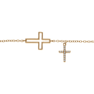 Bracelet en plaqué or double croix lisse avec pavage d’oxydes blancs 16+2cm