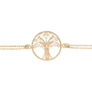 Bracelet en plaqué or chaîne double avec arbre de vie filigrane et oxydes blancs sertis 16+3cm