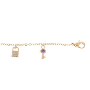 Bracelet en plaqué or chaîne avec pampilles cadenas et clefs avec oxydes multicouleur 16+3cm