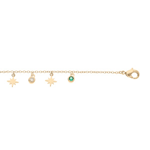 Bracelet en plaqué or chaîne avec pampilles étoiles et oxydes verts bleus et blancs sertis 17+2,5cm
