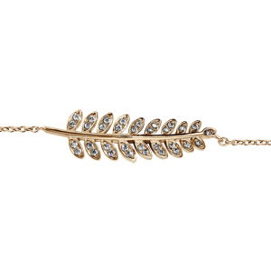 Bracelet en plaqué or chaîne avec au milieu 1 feuille de frêne ornée d’oxydes blancs sertis – longueur 16cm + 2cm de rallonge