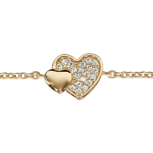 Bracelet en plaqué or chaîne avec au milieu 2 coeurs superposés, 1 petit lisse et l’autre pavé d’oxydes blancs sertis – longueur 16cm + 2cm de rallonge