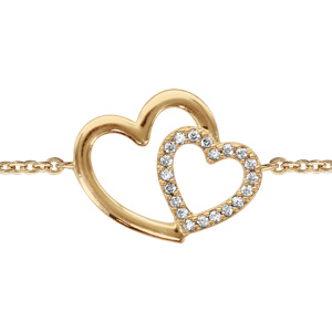 Bracelet en plaqué or chaîne avec au milieu 2 coeurs croisés, 1 lisse et l’autre orné d’oxydes blancs sertis – longueur 16cm + 2cm de rallonge