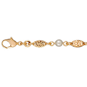 Bracelet en plaqué or alternance de petites navettes ouvragées et de perles blanches synthétiques – longueur 19,5cm