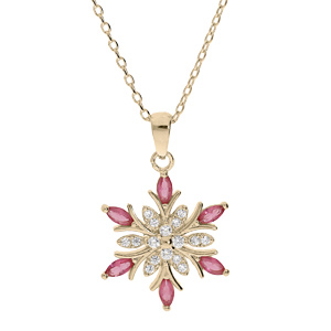 Collier en plaqué or chaîne avec pendentif flocon de neige oxydes blancs et roses 42+3cm