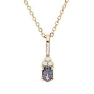 Collier en plaqué or chaîne avec pendentif long oxyde arc en ciel mystique contour oxydes blancs sertis 42+3cm