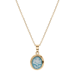 Collier en plaqué or chaîne avec pendentif Camée motif fleur sur fond bleu 40+5cm