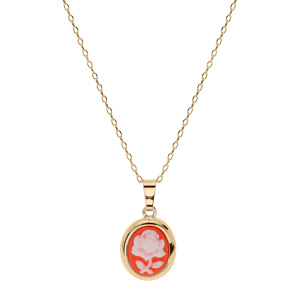 Collier en plaqué or chaîne avec pendentif Camée motif fleur sur fond rose 40+5cm