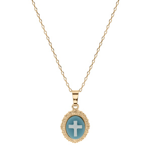 Collier en plaqué or chaîne avec pendentif Camée motif croix sur fond bleu 40+5cm