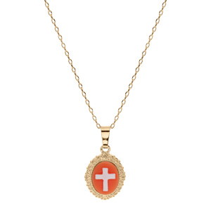 collier en plaqué or chaîne avec pendentif camée motif croix sur fond rose 40+5cm