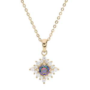 Collier en plaqué or chaîne avec pendentif oxyde arc en ciel mystique et oxydes blancs sertis 42+3cm