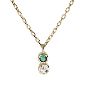 Collier en plaqué or chaîne avec pendentif 2 oxydes vert et blanc sertis clos 40+4cm