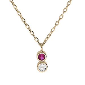Collier en plaqué or chaîne avec pendentif 2 oxydes fushia et blanc sertis clos 40+4cm