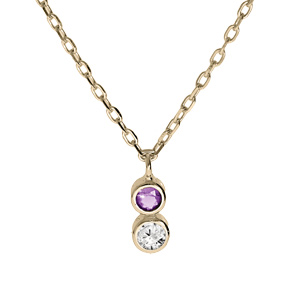Collier en plaqué or chaîne avec pendentif 2 oxydes violet et blanc serti 42+3cm