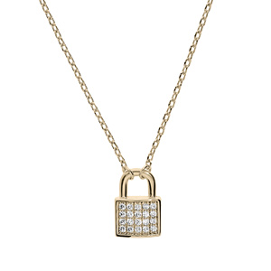 Collier en plaqué or chaîne avec pendentif cadenas pavé d’oxydes blancs sertis 40+5cm