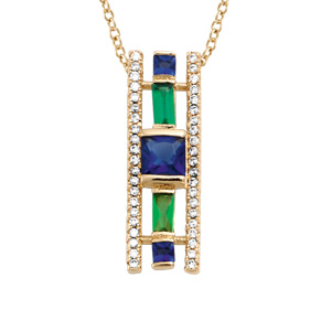 Collier plaqué or géometrique verre bleu foncé et vert contour oxydes blancs sertis - longueur 40+4c
