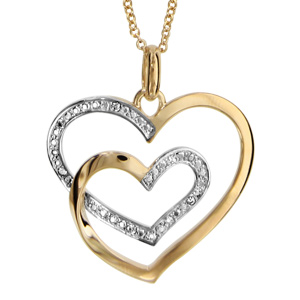 Collier en palqué or chaîne avec pendentif 2 coeurs faits avec 1 seul brin et ornés d’oxydes blancs – longueur 42cm +3cm de rallonge