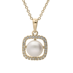 Collier en plaqué or chaîne avec pendentif carré oxydes blancs avec Perle de culture d'eau douce bla