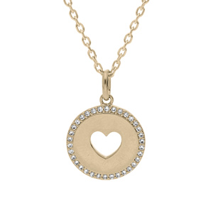 Collier en plaqué or chaîne avec pendentif rond motif coeur ajourée contour oxydes blancs 40+4cm