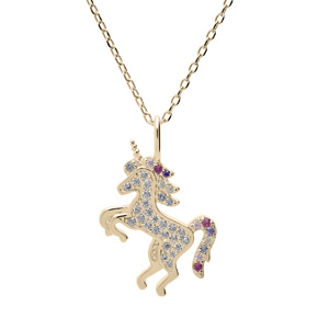 Collier en plaqué or chaîne avec pendentif licorne oxydes multi couleurs sertis 38+5cm