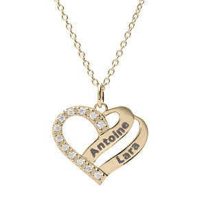 Collier en plaqué or coeur prénoms à graver avec oxydes blancs sertis 42+3cm