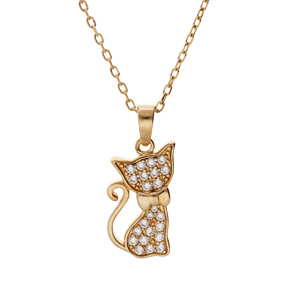 Collier en plaqué or chaîne avec pendentif chat oxydes blancs sertis 43cm réglable 41 et 39cm