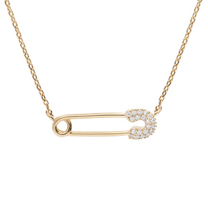 Collier en plaqué or chaîne avec épingle à nourrice et oxydes blancs sertis 39,5+5