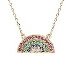 Collier en plaqué or chaîne avec demi rond pavé d'oxydes roses, verts et bleus 40+5cm