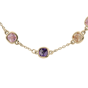 Collier en plaqué or chaîne avec pierres carrées violette, rose et orange 40+4cm