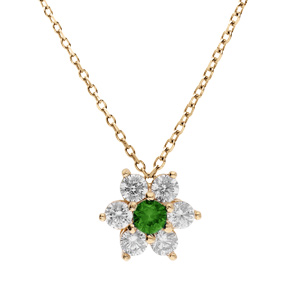 Collier en plaqué or chaîne avec pendentif marguerite oxydes centre vert foncé et contour blancs sertis 40+5cm