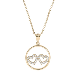 Collier en plaqué or chaîne avec pendentif cercle 2 coeurs oxydes blancs sertis 40+5cm