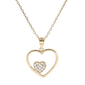 Collier en plaqué or chaîne avec pendentif coeur évidé petit coeur oxydes blancs sertis 40+5cm