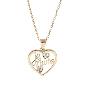Collier en plaqué or chaîne avec pendentif coeur « je t’aime » oxydes blancs sertis 40+5cm