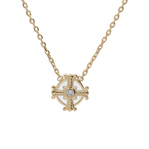 Collier en plaqué or chaîne avec pendentif rond blanc avec croix et 1 oxyde blanc serti 38+4cm