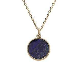 Collier en plaqué or chaîne avec médaille ciselée et Lapis Lazuli véritable 38+4cm