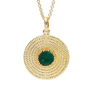 Collier en plaqué or avec Pendentif ethnique rond avec pierre verte 40+4cm