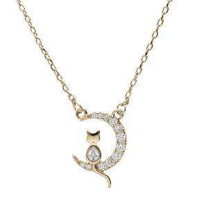 Collier en plaqué or chaîne avec pendentif lune 10mm avec chat oxydes blancs sertis 40+4,5cm