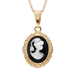 Collier en plaqué or chaîne avec pendentif Camée sur fond noir 40+5cm