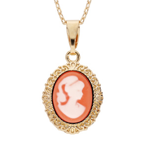 Collier en plaqué or chaîne avec pendentif Camée rose contour médaillon ouvragé 40+5cm