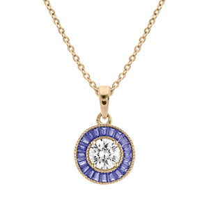 Collier en plaqué or chaîne avec pendentif rond centre oxyde blanc et contour oxydes rectangulaires 