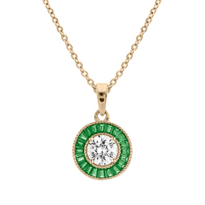 Collier en plaqué or chaîne avec pendentif rond centre oxyde blanc et contour oxydes rectangulaires 