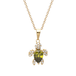 Collier en plaqué or chaîne avec pendentif tortue oxyde vert et blancs 42+3cm