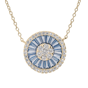 Collier en plaqué or avec pendentif rond oxydes rectangulaire bleus et contour oxydes blancs sertis 